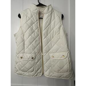 St Johns Bay Quilted Ivory w/Gold Trim Vest Womens Medium Zip Up Pockets EUC